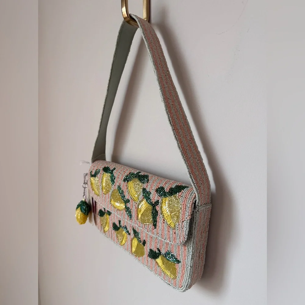 Viral beaded lemon pink white striped Shoulder Bag with beaded lemon charm - Picture 2 of 5